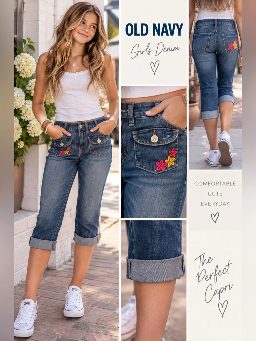 Old Navy Girls 14 Embroidered Denim Capri Jeans Adjustable Waist Y2K